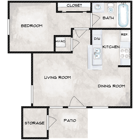 Floor plan for 1 bed, 1 bath, 601 sqft